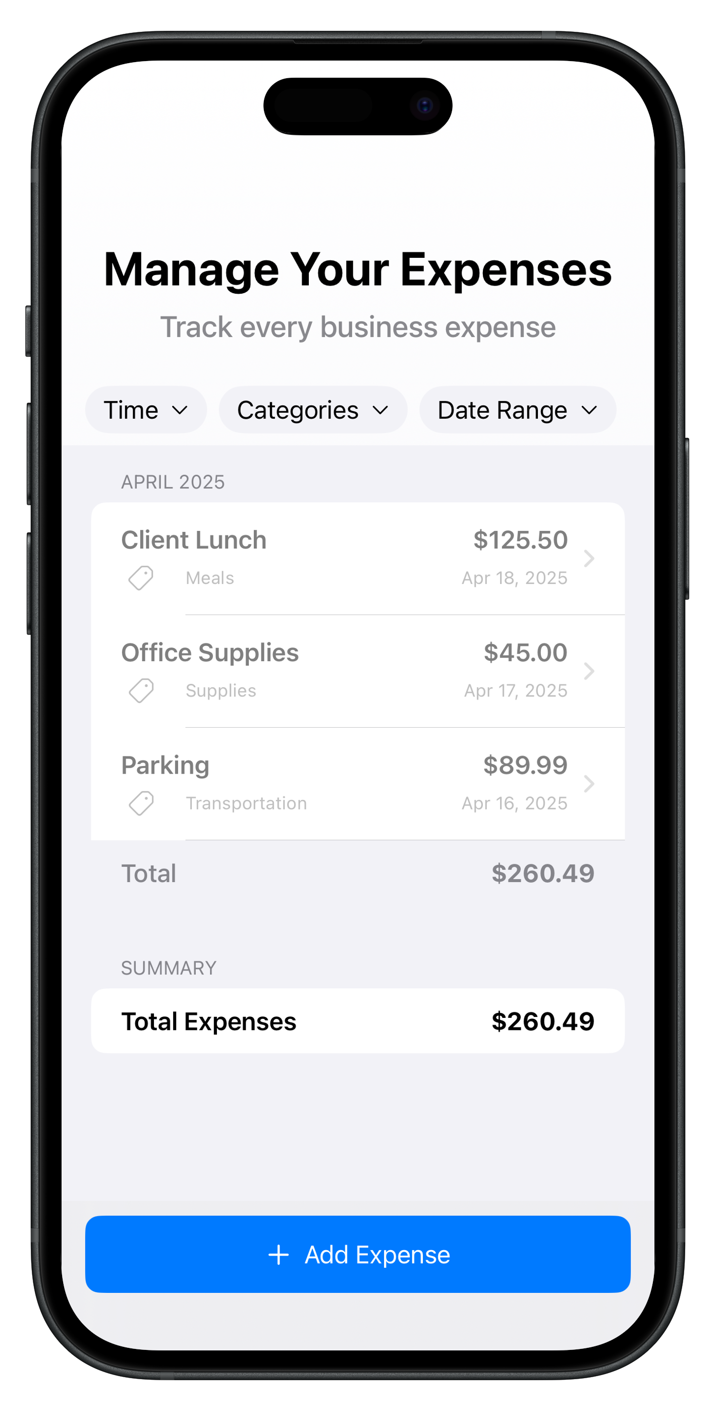 Expenses Screen on iPhone